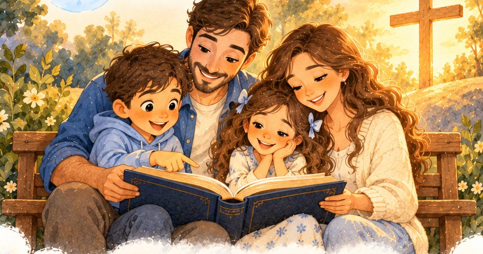 Familia leyendo la Biblia juntos en una banca al atardecer, con una cruz de madera al fondo