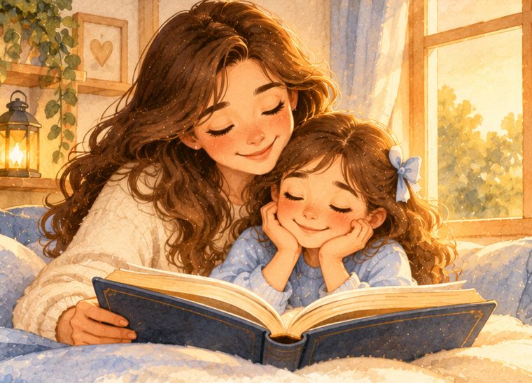 Mamá abrazando a su hija mientras leen juntas un libro antes de dormir